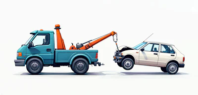 Blue tow truck preparing to tow a white sedan on a white background