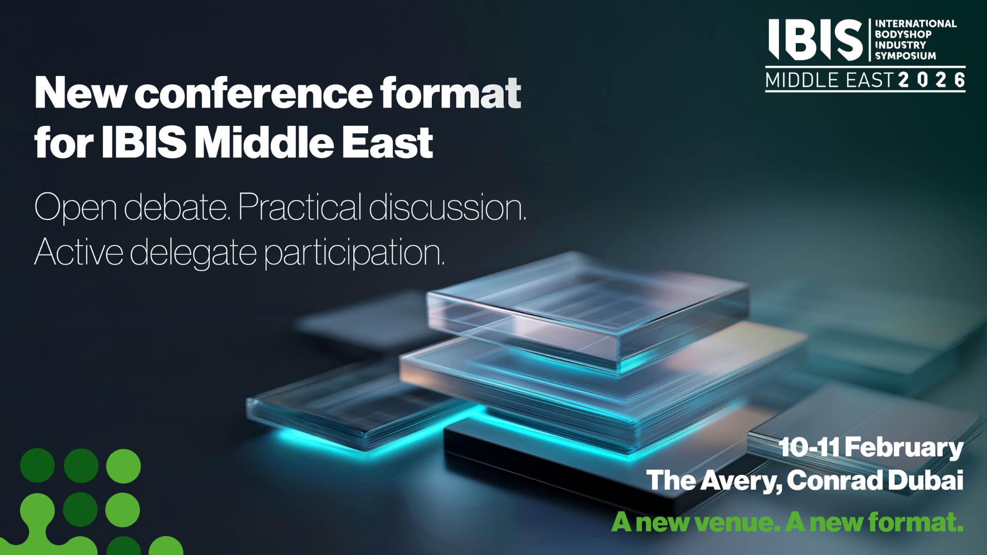 IBIS Middle East 2026 conference promotional graphic with layered glass panels