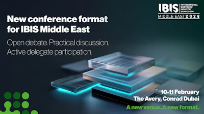 IBIS Middle East 2026 conference promotional graphic with layered glass panels