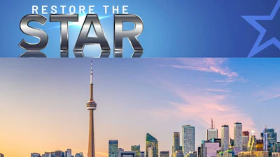 Restore the Star logo with Toronto skyline and CN Tower at sunset