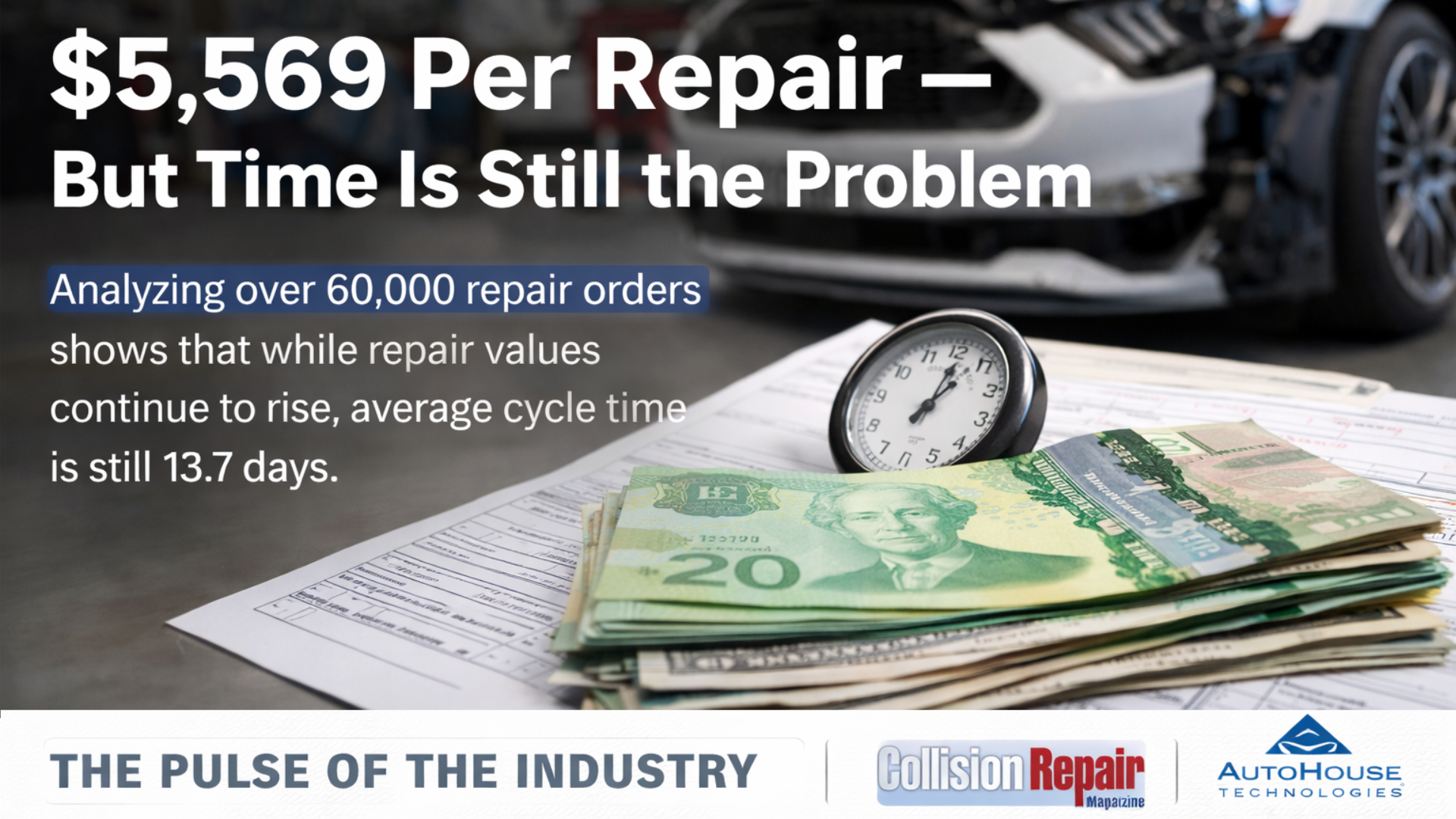 Automotive repair cost analysis showing $5,569 average repair with clock and Canadian currency