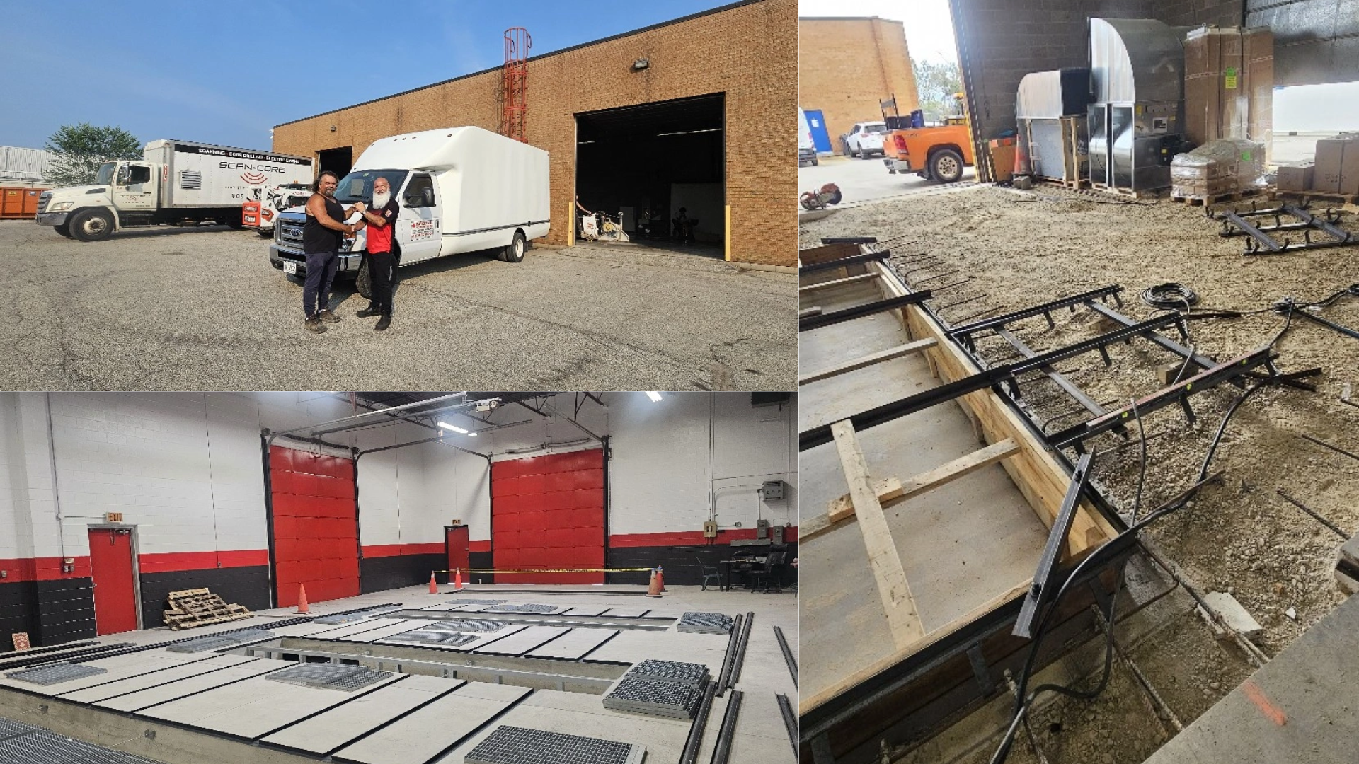 Industrial workspace with delivery truck, metal fabrication area, and construction equipment