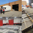 Industrial workspace with delivery truck, metal fabrication area, and construction equipment