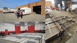 Industrial workspace with delivery truck, metal fabrication area, and construction equipment