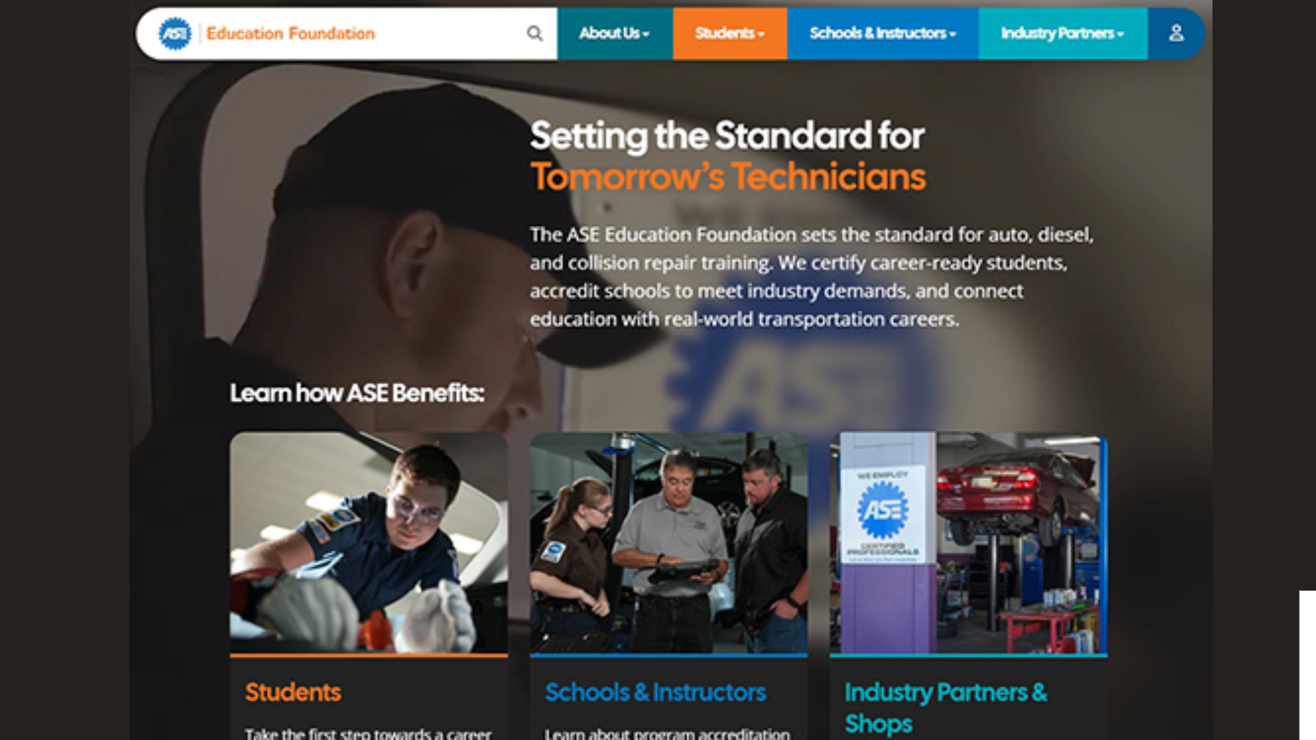 ASE Education Foundation website showcasing automotive technician training programs
