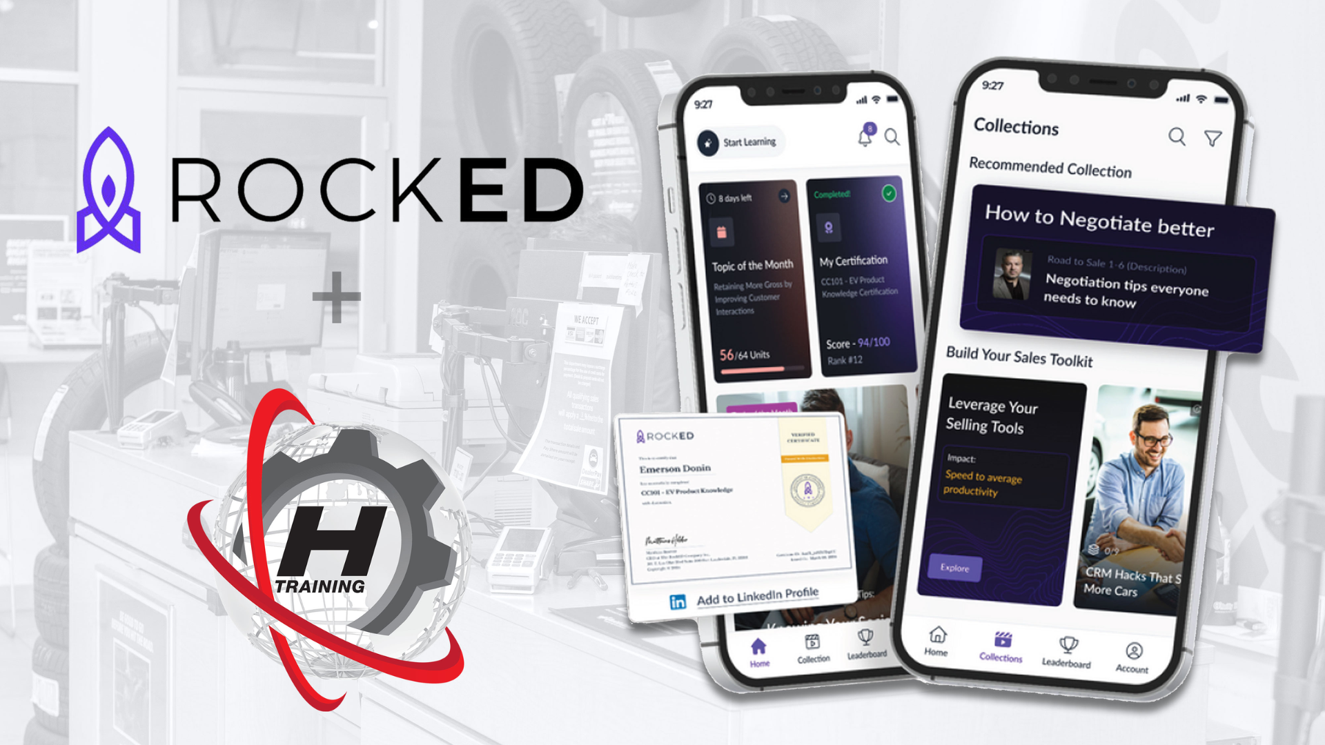 Rocked and H Training mobile app interfaces showcasing learning and negotiation platforms