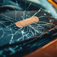Cracked car windshield with beige adhesive bandage covering a spider-web-like fracture