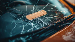 Cracked car windshield with beige adhesive bandage covering a spider-web-like fracture