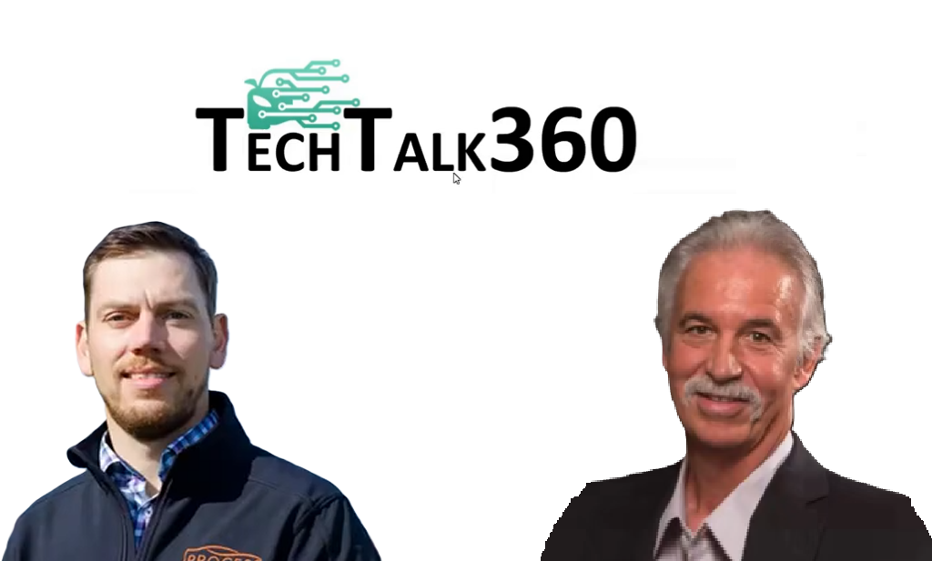 TechTalk360 podcast featuring two male hosts: a younger man in a navy jacket and an older man with a mustache in a suit