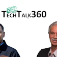 TechTalk360 podcast featuring two male hosts: a younger man in a navy jacket and an older man with a mustache in a suit