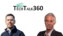 TechTalk360 podcast featuring two male hosts: a younger man in a navy jacket and an older man with a mustache in a suit