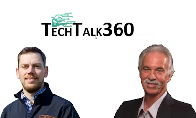 TechTalk360 podcast featuring two male hosts: a younger man in a navy jacket and an older man with a mustache in a suit