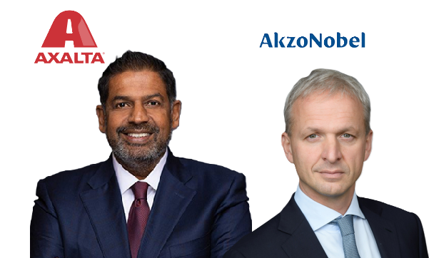 Axalta and AkzoNobel corporate logos with professional executive portraits