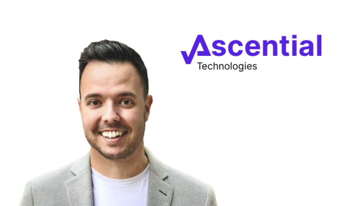 Professional headshot of smiling man in gray blazer with Ascential Technologies logo