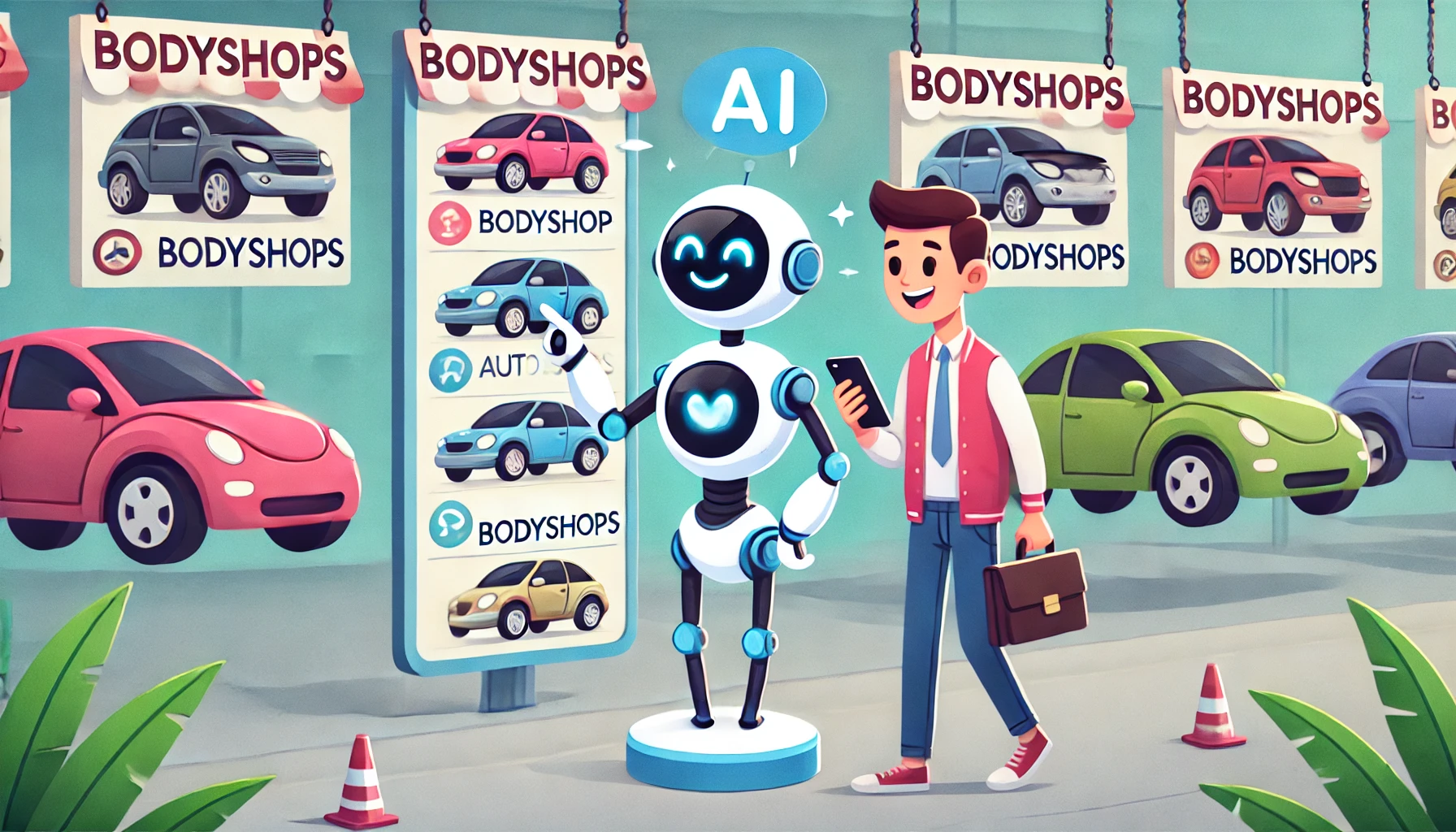 AI robot and businessman at car dealership with colorful vehicle inventory display