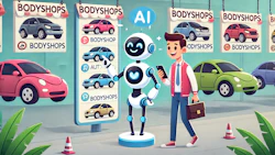 AI robot and businessman at car dealership with colorful vehicle inventory display