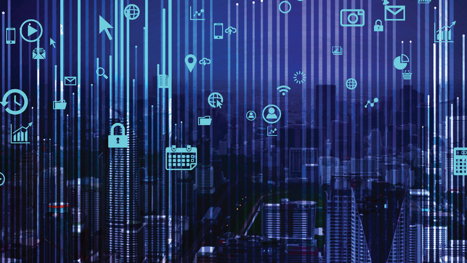 Digital technology landscape with blue icons representing connectivity and data