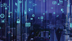 Digital technology landscape with blue icons representing connectivity and data