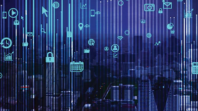 Digital technology landscape with blue icons representing connectivity and data