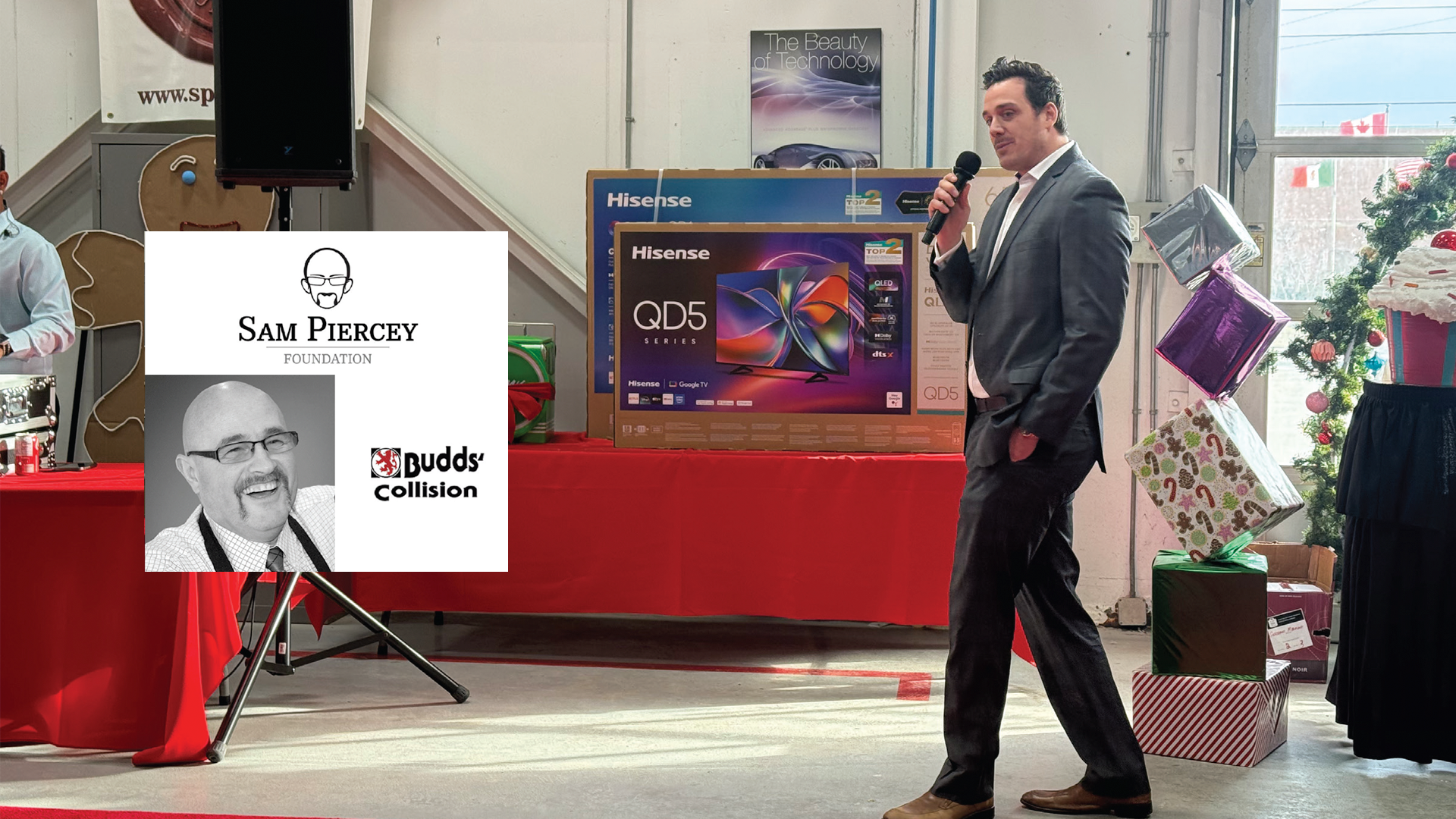 Corporate event with Hisense TV display and speaker at Sam Piercey Foundation presentation