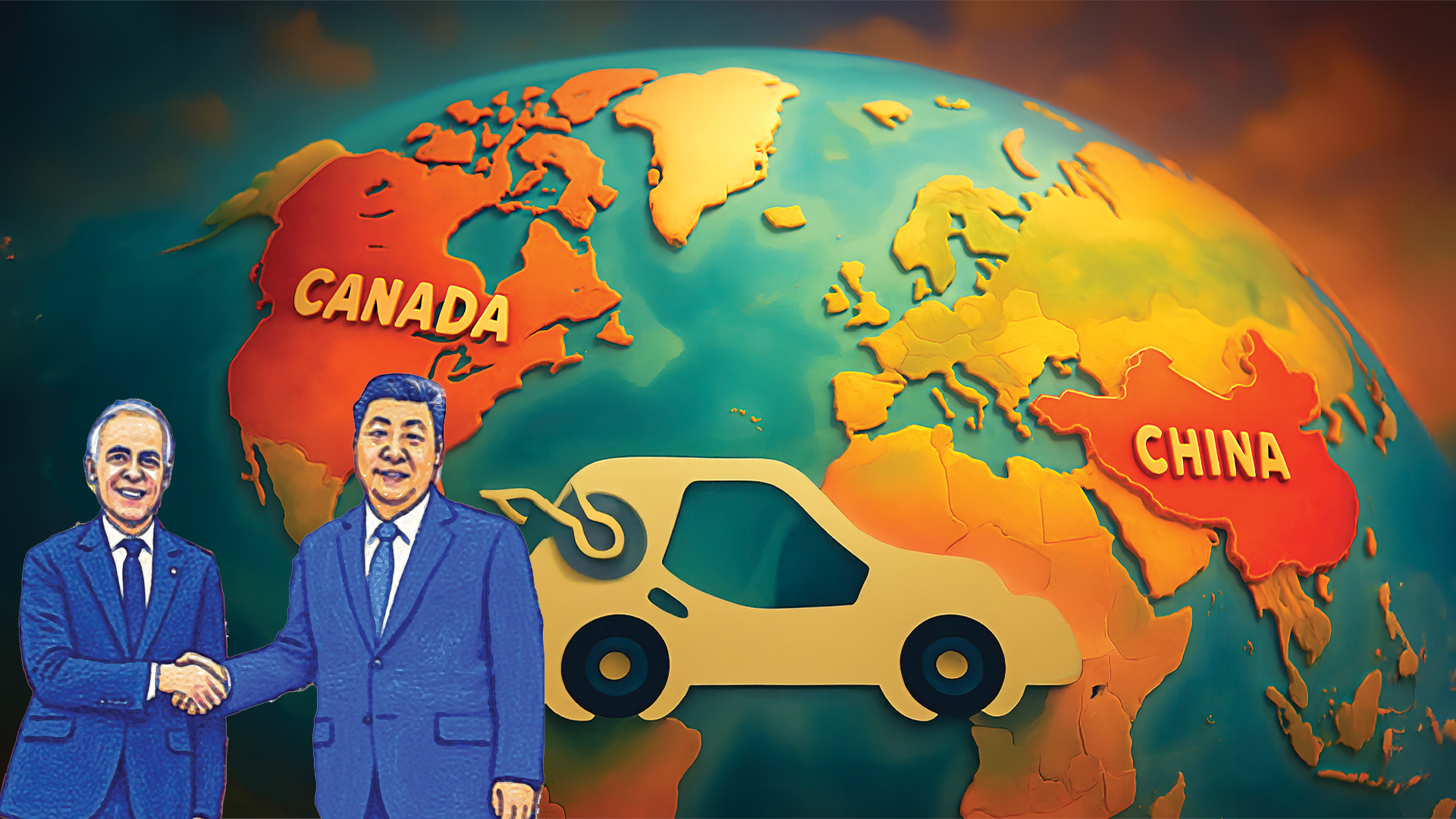 Global trade handshake between Canadian and Chinese leaders with world map background