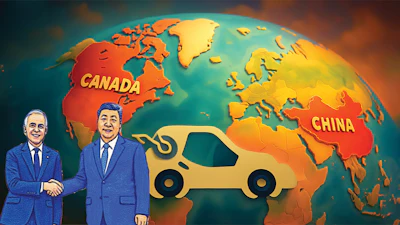 Global trade handshake between Canadian and Chinese leaders with world map background