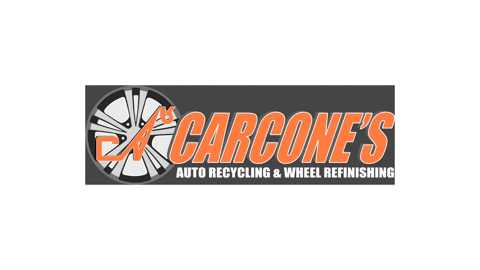 Carcone's Auto Recycling logo with wheel graphic in orange and gray