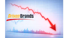 Driven Brands logo with declining financial chart showing red downward trend arrow and blue bar graph