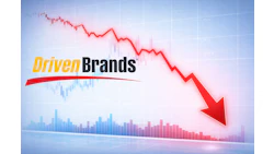 Driven Brands logo with declining financial chart showing red downward trend arrow and blue bar graph