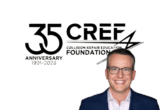 CREF 35th Anniversary logo with smiling professional in blue suit