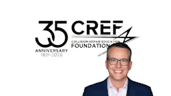 CREF 35th Anniversary logo with smiling professional in blue suit