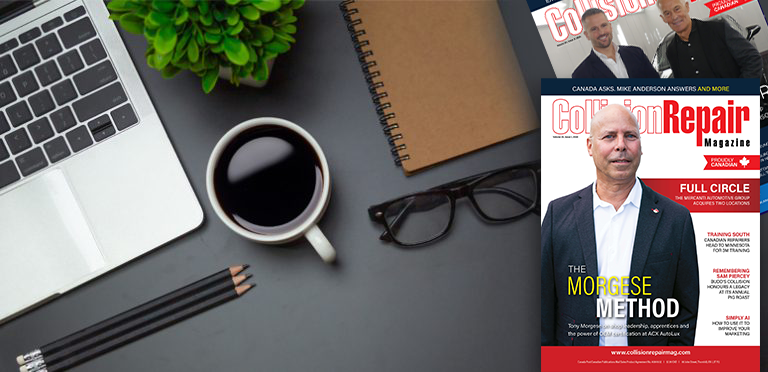 Workspace with laptop, coffee, notebook, glasses and Golf Repair Magazine