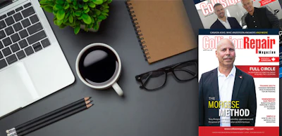 Workspace with laptop, coffee, notebook, glasses and Golf Repair Magazine