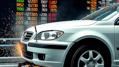 White car with financial stock market data and sparks in background