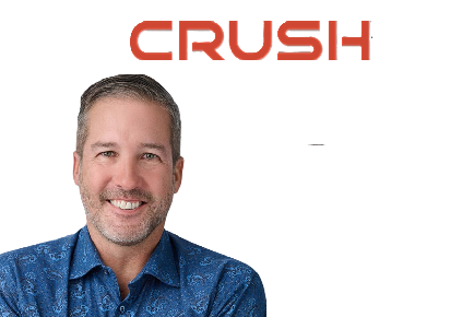 Crush logo with smiling professional in blue patterned shirt