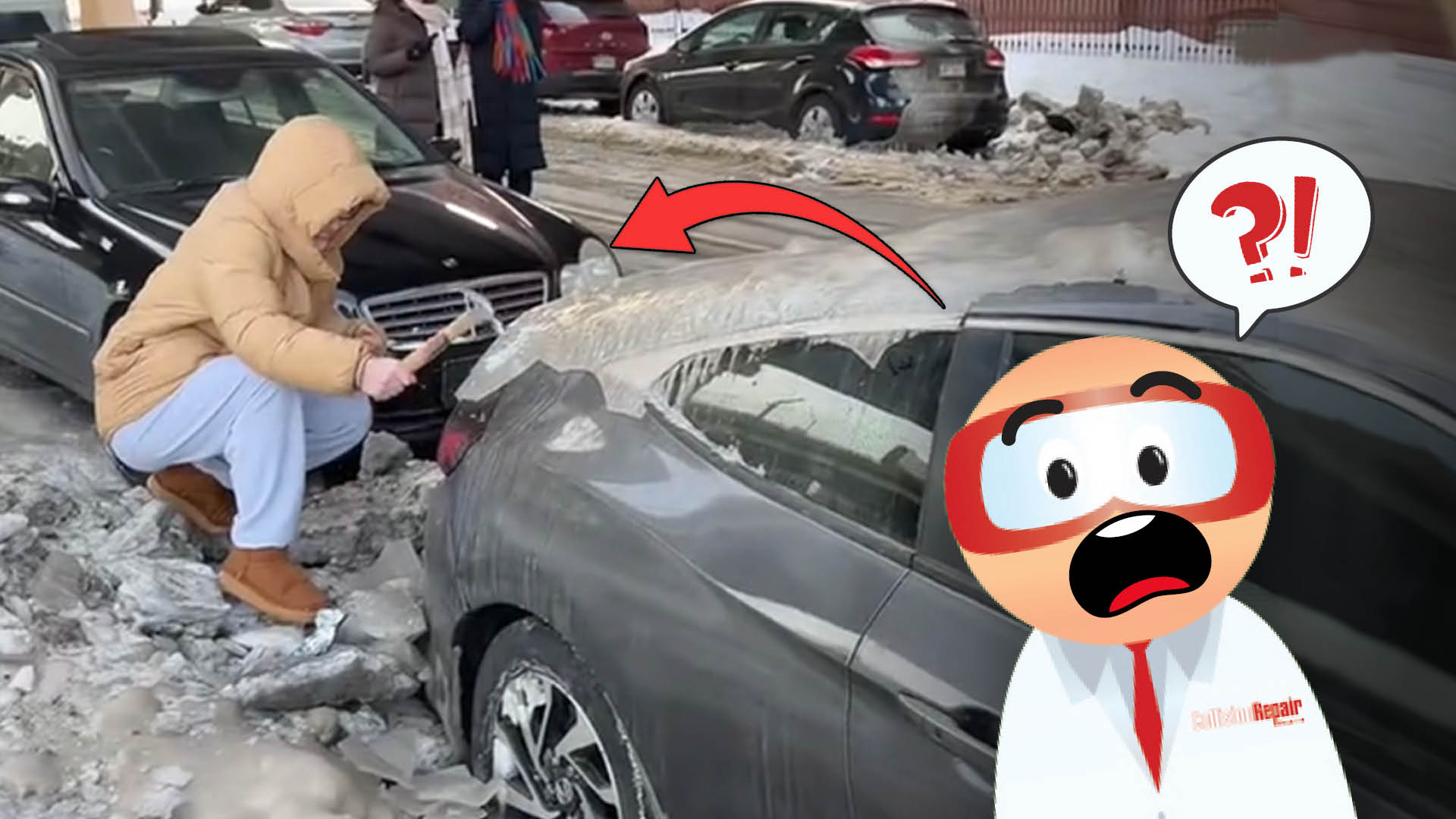 Person in yellow coat examining damaged car amid road debris and snow