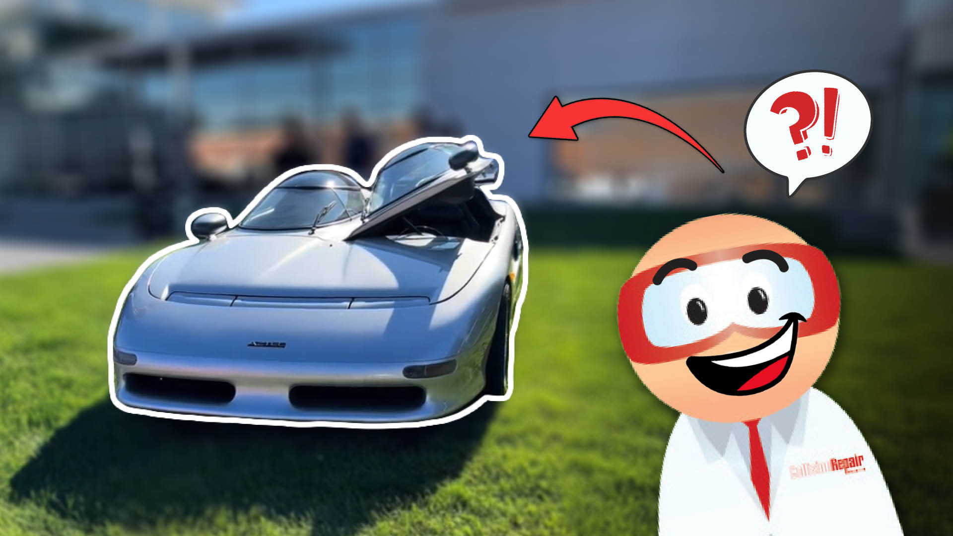 Blue convertible sports car with cartoon character on grassy background