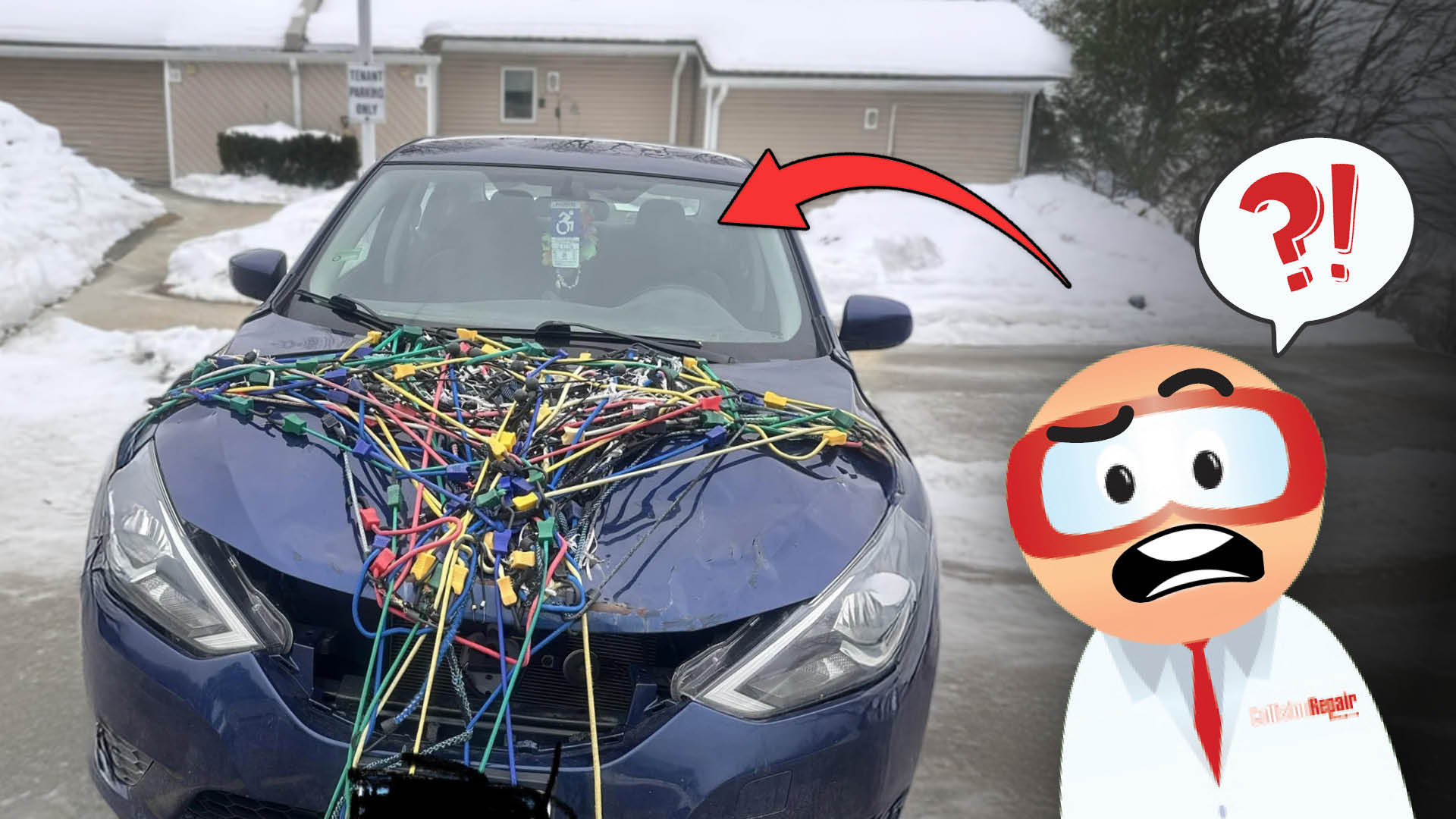 Blue car covered in tangled colorful cables with shocked cartoon character
