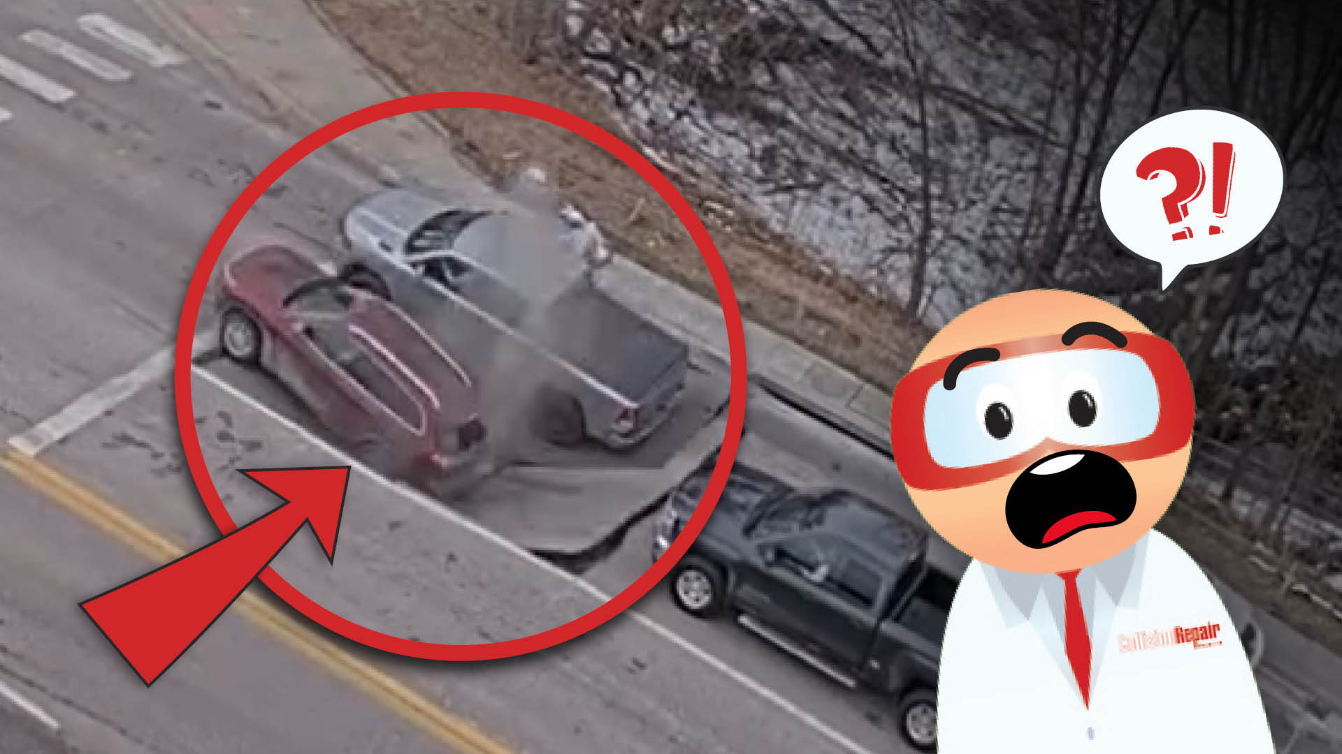 Aerial parking lot view with two vehicles circled in red and confused cartoon character asking a question