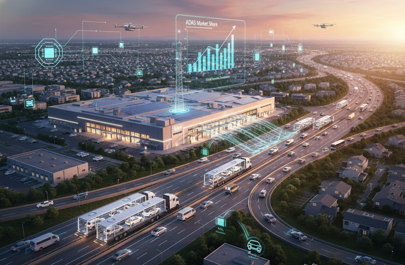 Futuristic smart city landscape with digital data overlay, highway, and connected vehicles