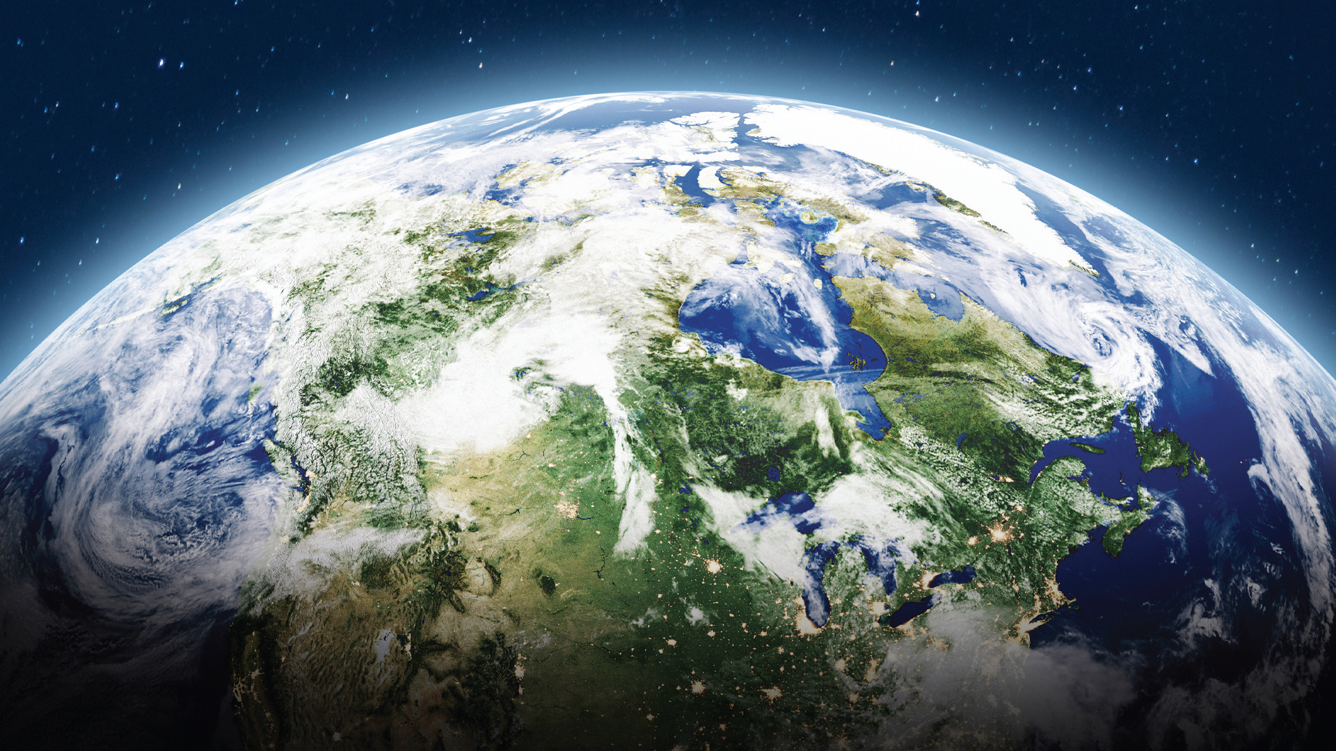 Earth from space, showing blue oceans, green landmasses, and white cloud formations