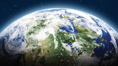 Earth from space, showing blue oceans, green landmasses, and white cloud formations