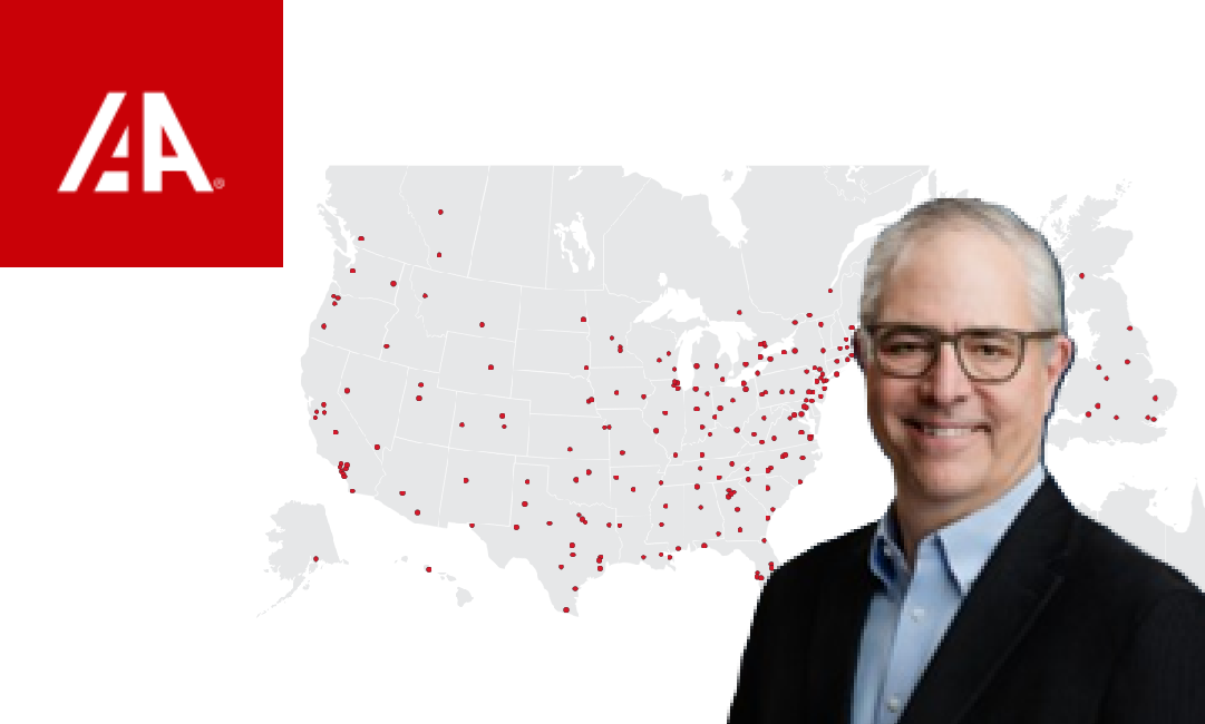 AIA logo with red square and white geometric lettering, accompanied by professional headshot and US map with location markers