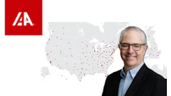 AIA logo with red square and white geometric lettering, accompanied by professional headshot and US map with location markers