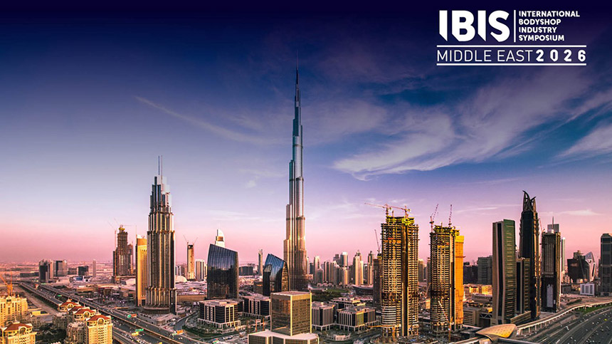 IBIS Middle East 2026 International Bodyshop Industry Symposium logo displayed over Dubai skyline at sunset