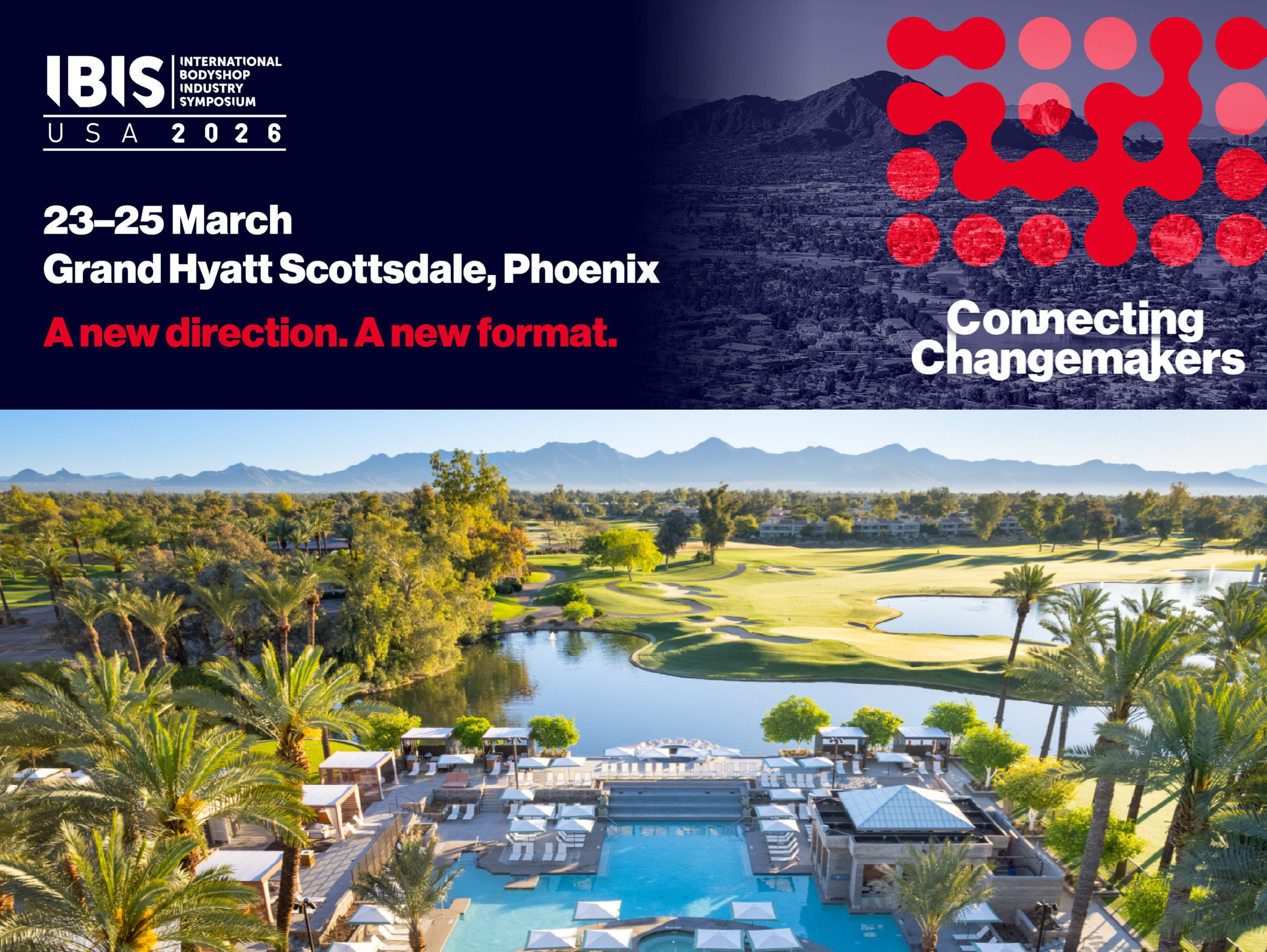 IBIS USA 2026 symposium promotional poster for March 23-25 at Grand Hyatt Scottsdale, Phoenix, featuring luxury resort pool and golf course landscape.