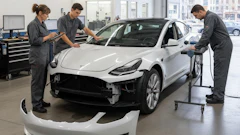 Tesla electric car being repaired in automotive service center with technicians