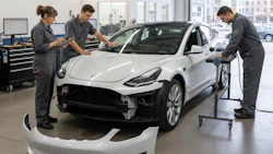 Tesla electric car being repaired in automotive service center with technicians