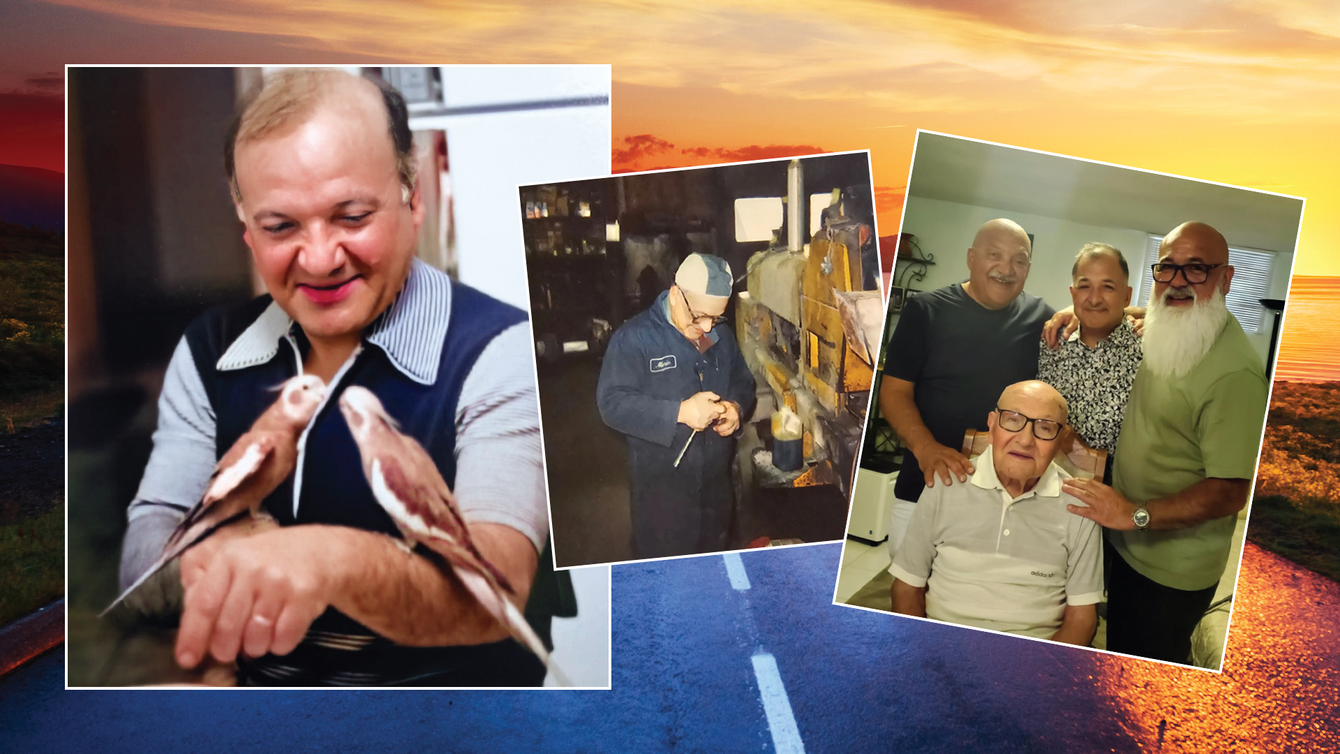 Collage of elderly men in different settings, showing friendship and life moments