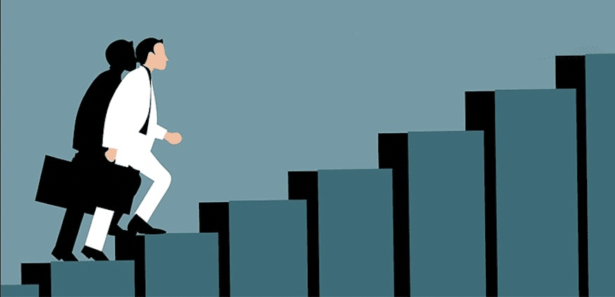 Professional climbing corporate ladder, ascending stepped graph representing career growth